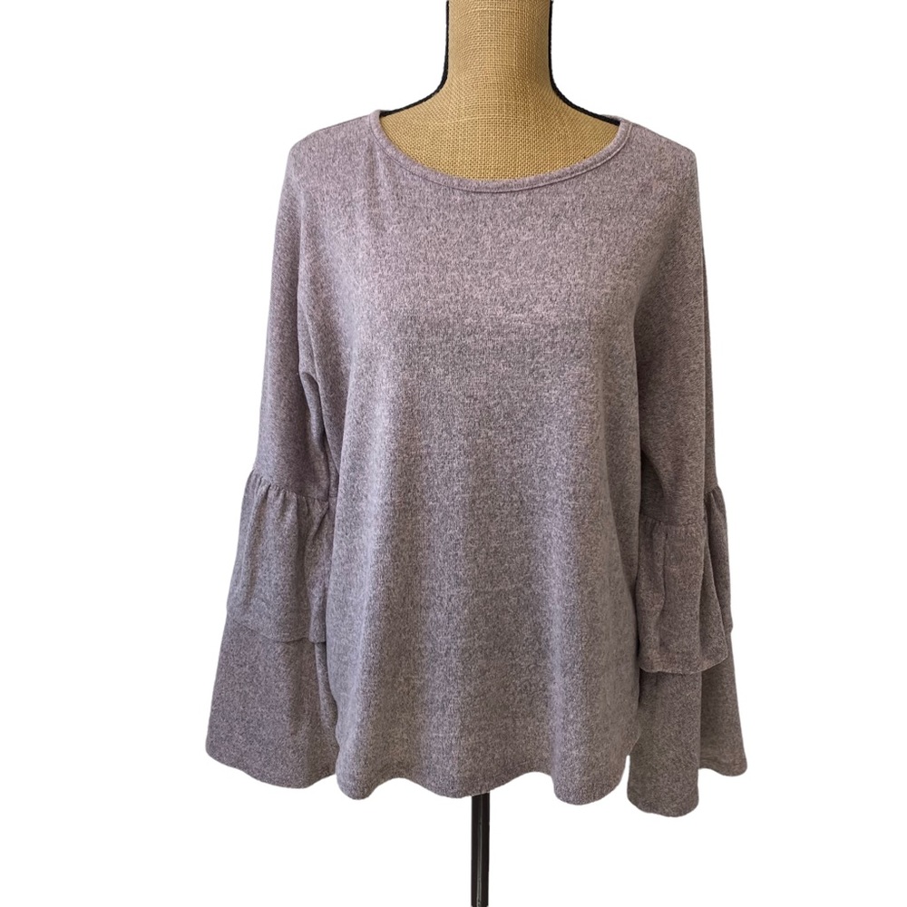 Altar'd State Womens Grey/pink Sweater Soft - Size M Double Ruffle Long Sleeves.
